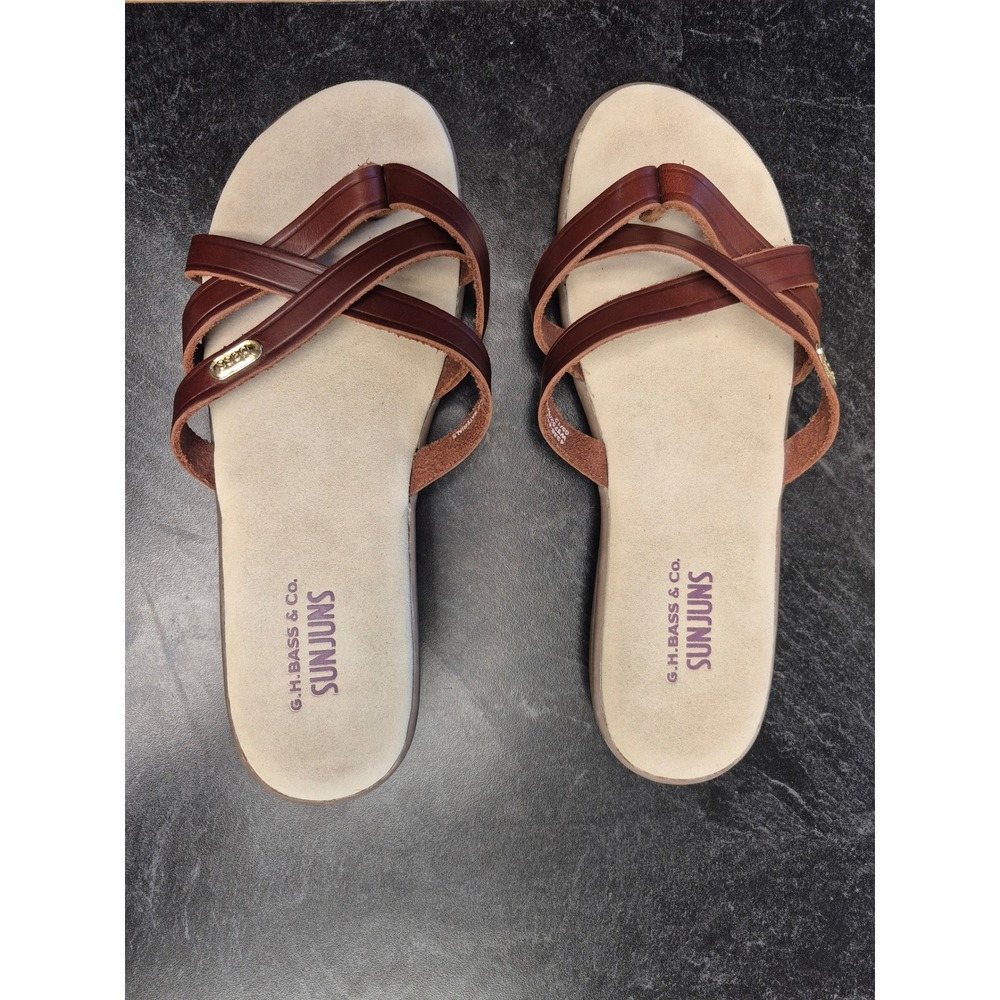 G.H. Bass 7.5W Wide Women's SunnJuns Leather Slide Sandals Retro Comfort Brown - Picture 2 of 7